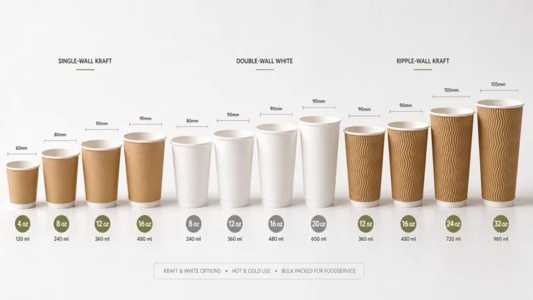 Wholesale paper cups in multiple sizes and wall constructions arranged side by side on white surface.