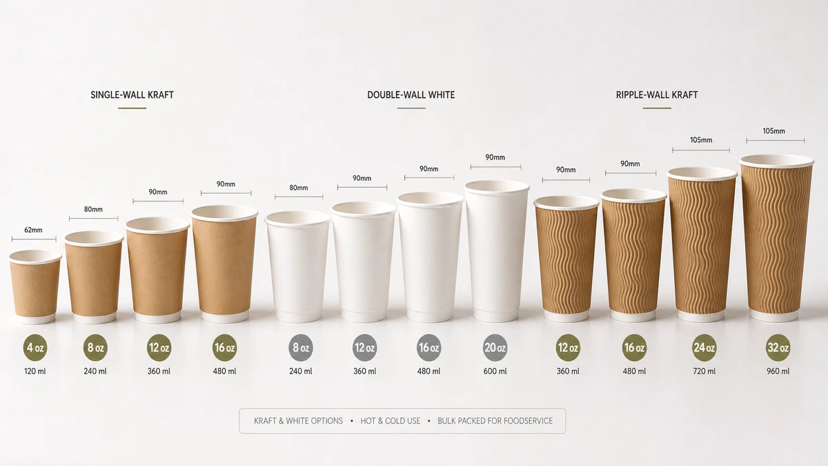 Wholesale paper cups in multiple sizes and wall constructions arranged side by side on white surface.