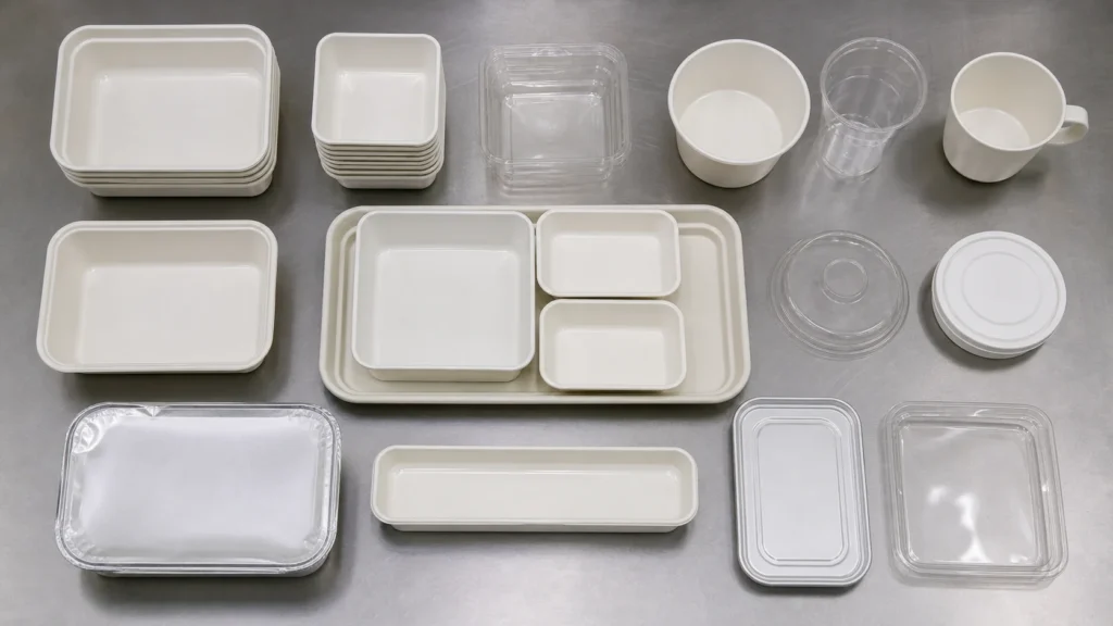 Empty unbranded airline meal packaging components arranged on a neutral catering preparation surface