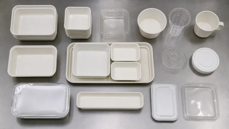Empty unbranded airline meal packaging components arranged on a neutral catering preparation surface