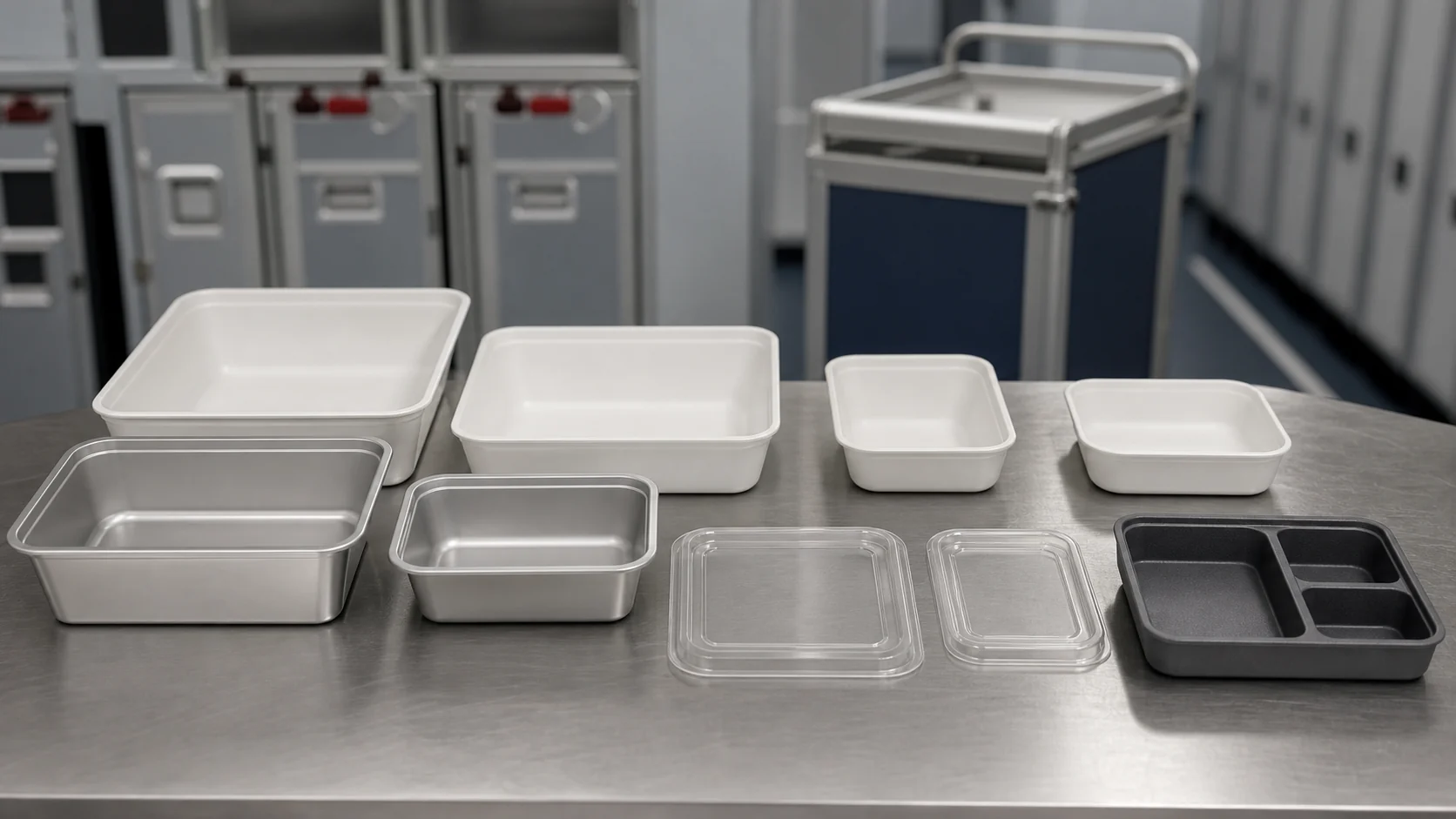 Empty unbranded food containers lids and insert tray arranged for airline service system review