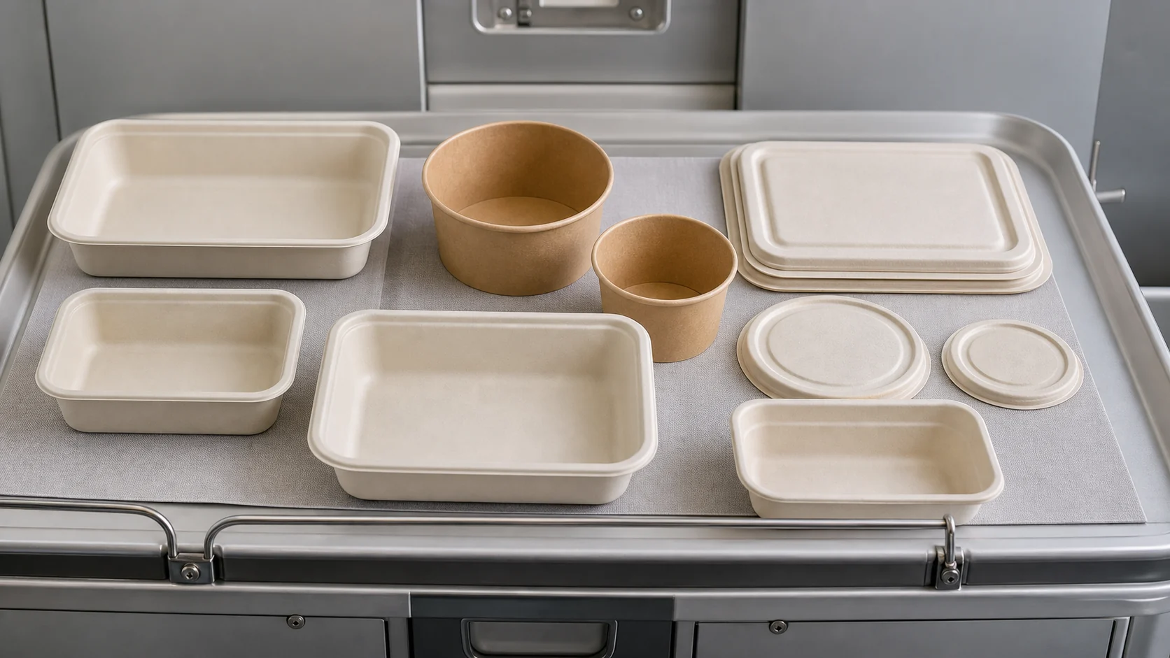 Empty unbranded meal containers paper bowls and lids arranged on a neutral catering tray