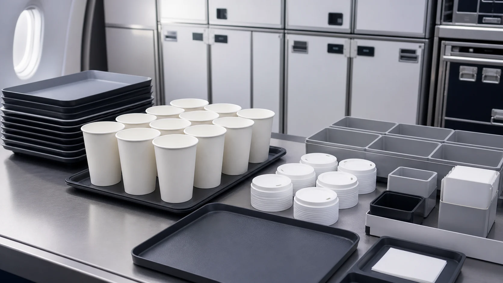 Empty unbranded cups lids trays and service components staged in a clean catering environment