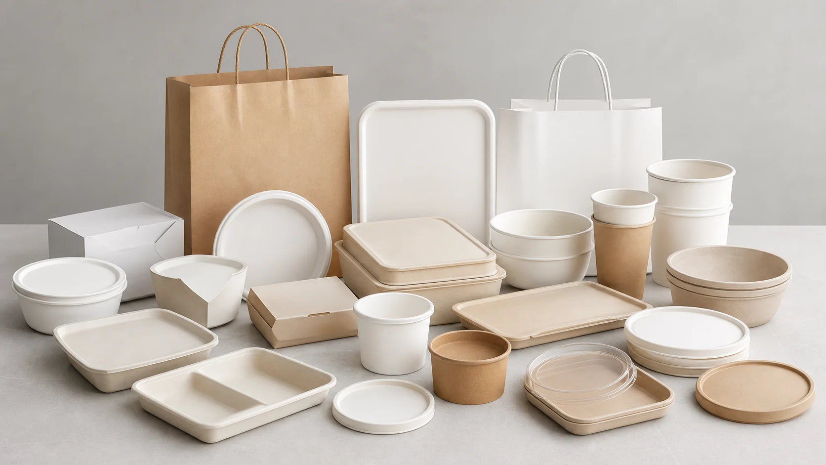Empty unbranded airline meal packaging samples with containers bowls lids cups and bags for buyer review