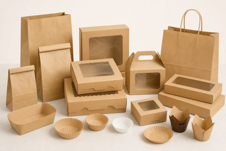 Empty unbranded bakery boxes window boxes bags and liners arranged for a packaging system brief