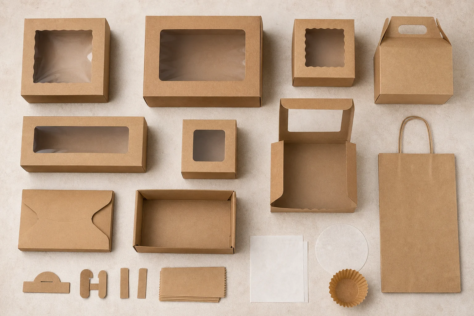 Empty unbranded bakery packaging components arranged for operating requirements review