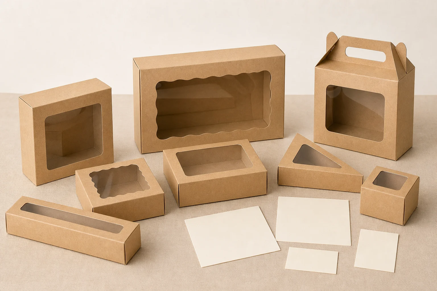 Empty unbranded window bakery boxes and blank sample cards for specification review