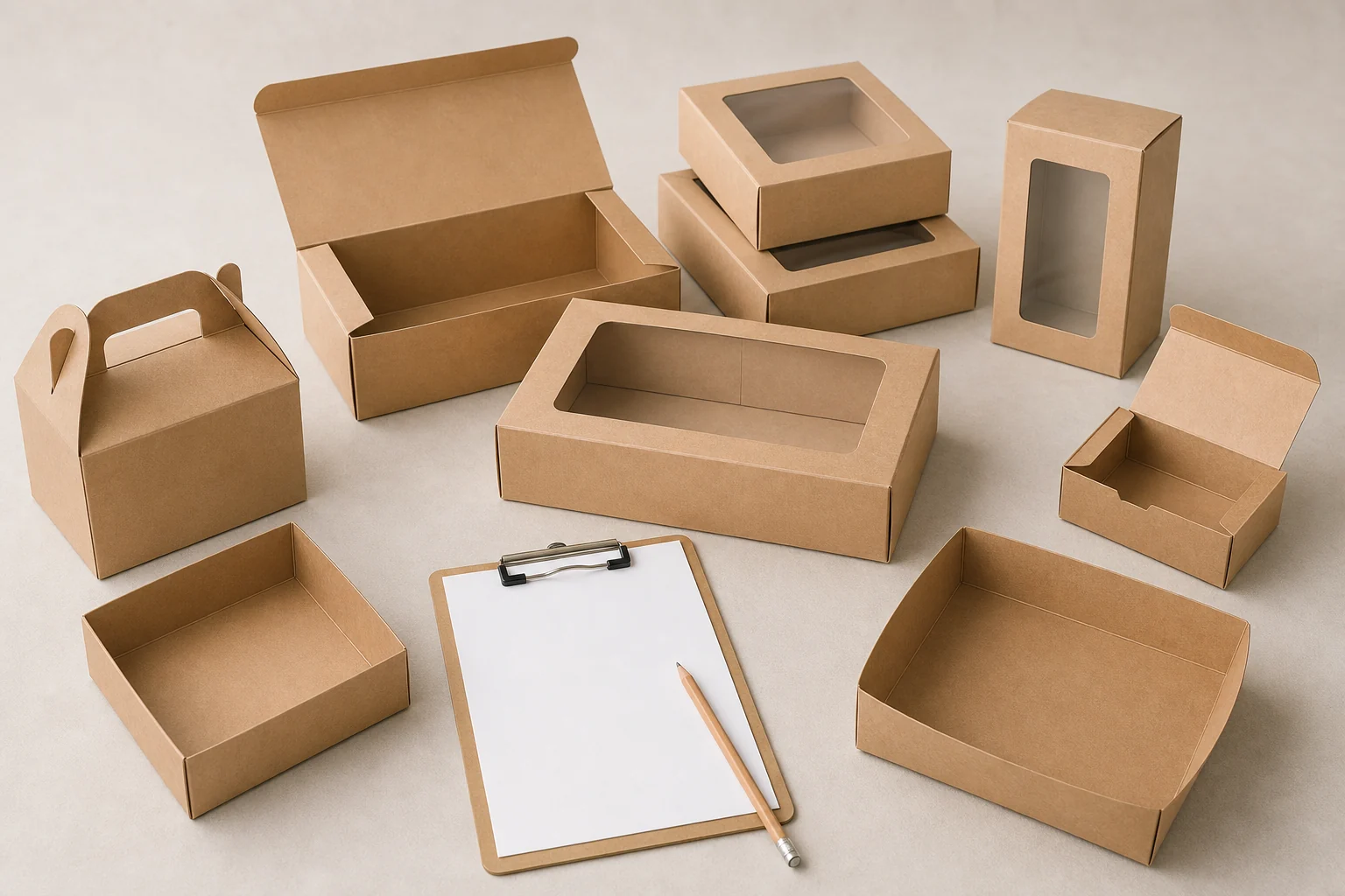 Empty unbranded bakery boxes with blank clipboard for buyer trial review
