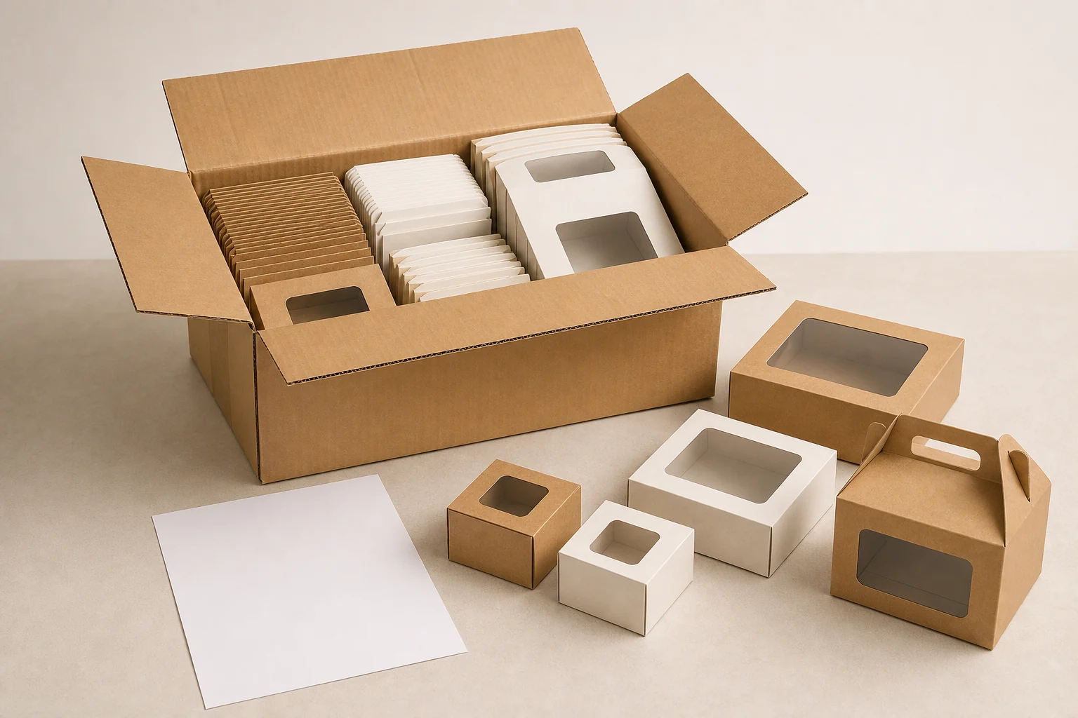Open plain carton with empty unbranded bakery packaging staged for rollout inspection