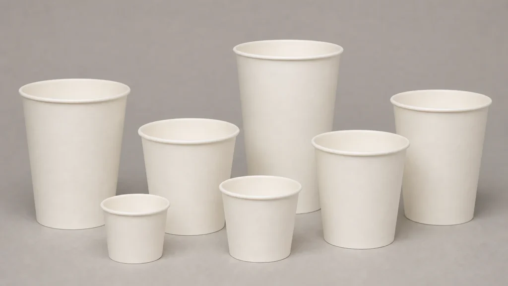 Empty unbranded paper takeaway cups arranged for artwork template review