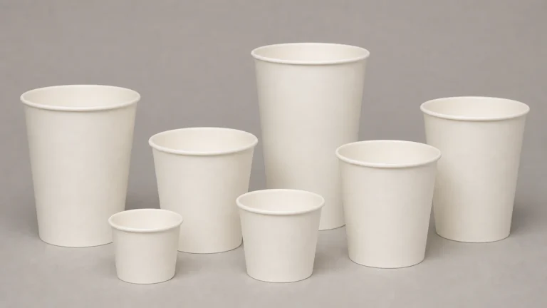 Empty unbranded paper takeaway cups arranged for artwork template review
