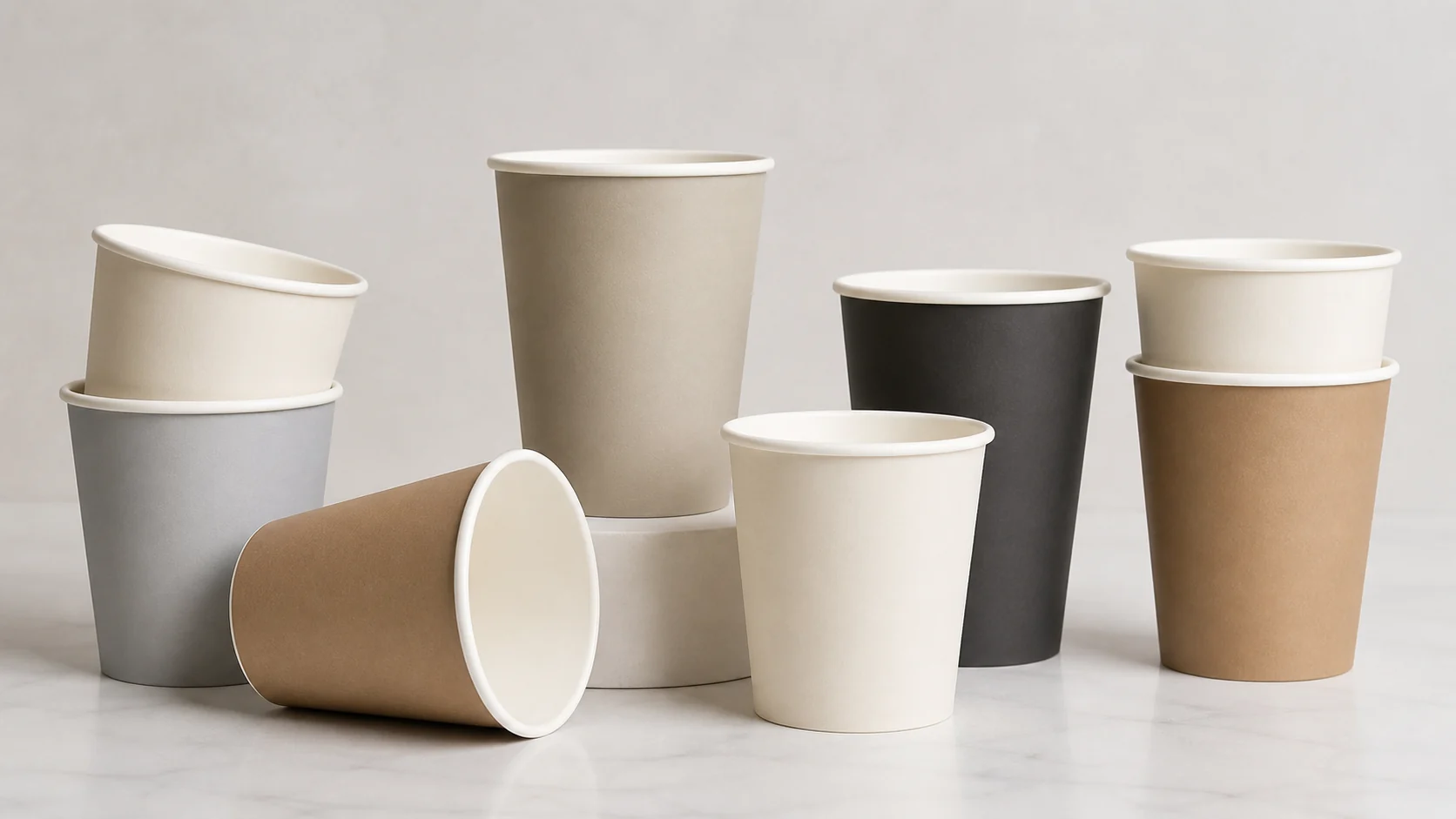 Empty unbranded paper cups with simple neutral colour blocks for visual review