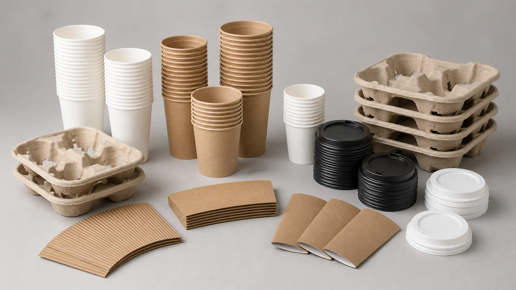 Empty unbranded cup packaging components organized for rollout review