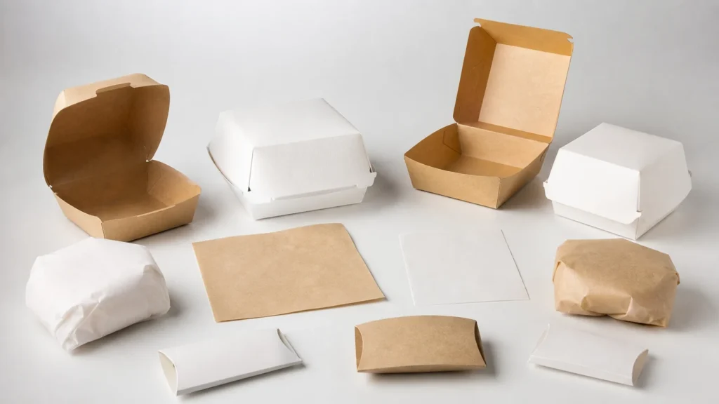 Empty unbranded burger boxes and plain packaging components