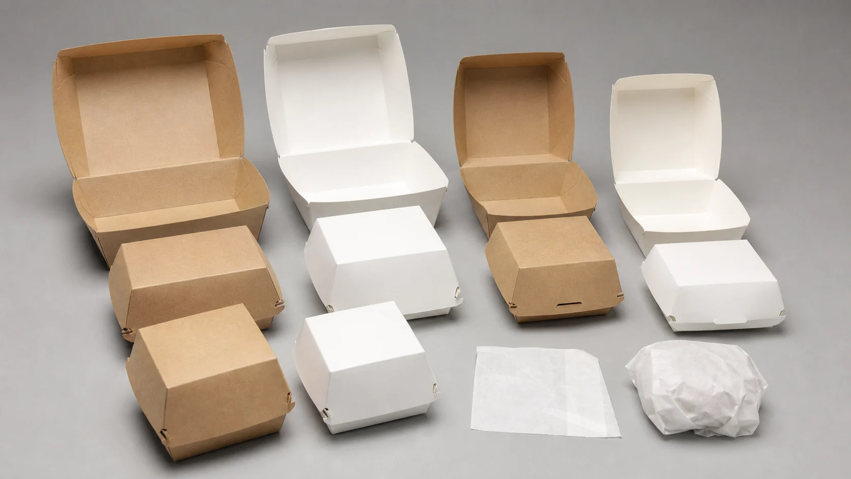 Empty unbranded burger packaging formats in a studio comparison