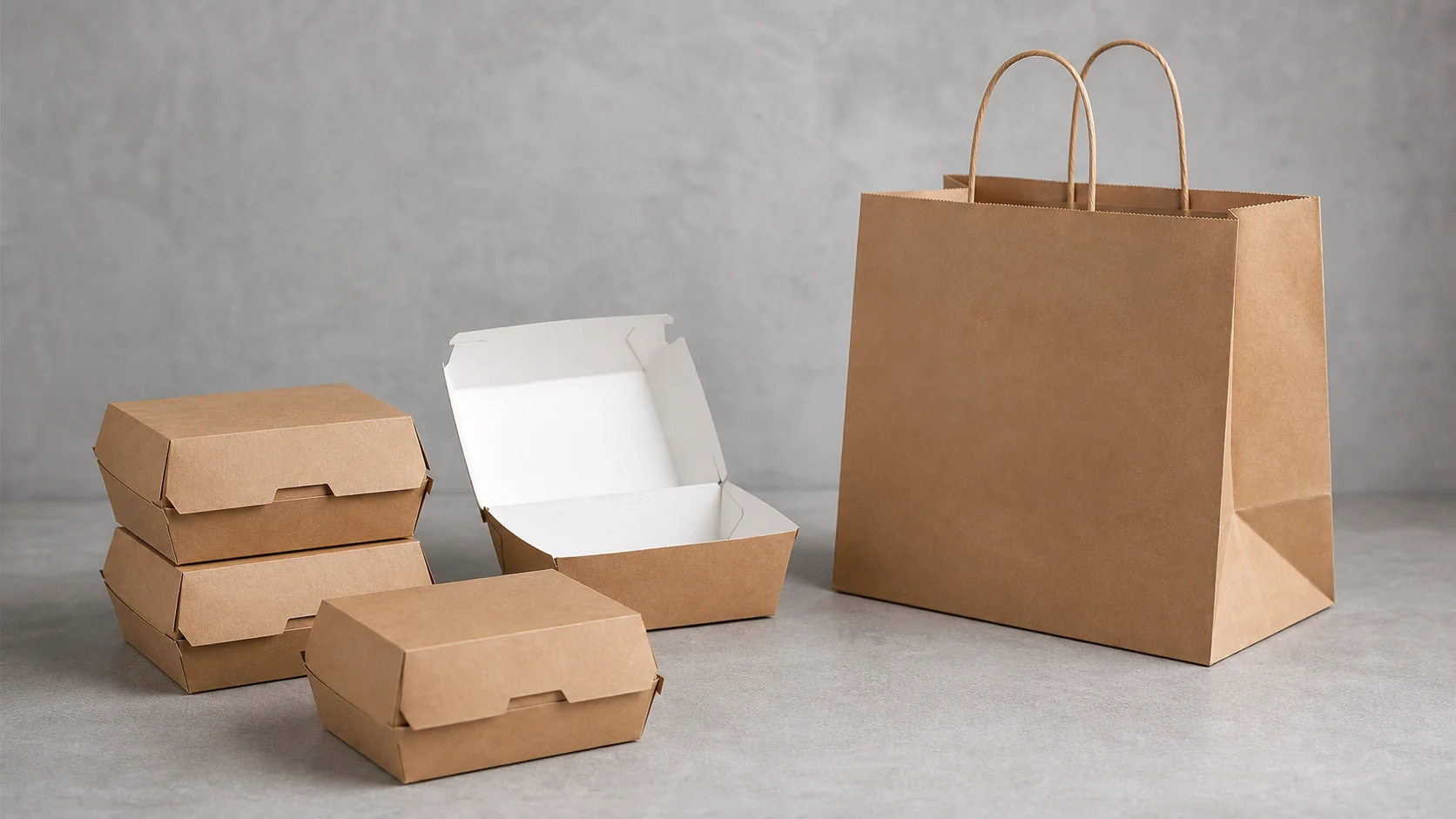 Empty unbranded burger boxes arranged for delivery presentation review