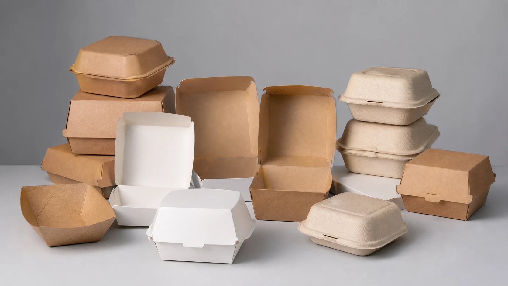 Empty unbranded paper and fiber burger containers with plain lids