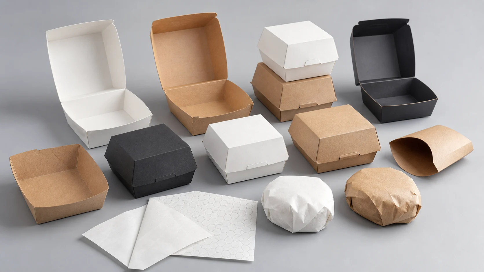 Empty unbranded burger packaging samples and plain closures for buyer review