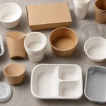 Empty unbranded catering packaging components arranged for workflow review