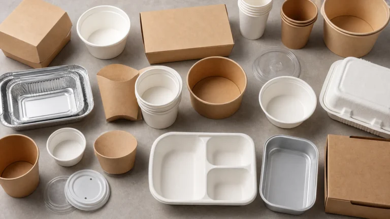 Empty unbranded catering packaging components arranged for workflow review