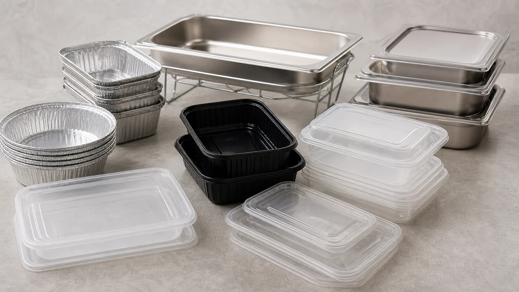 Empty unbranded containers lids and service tray arranged for catering system review