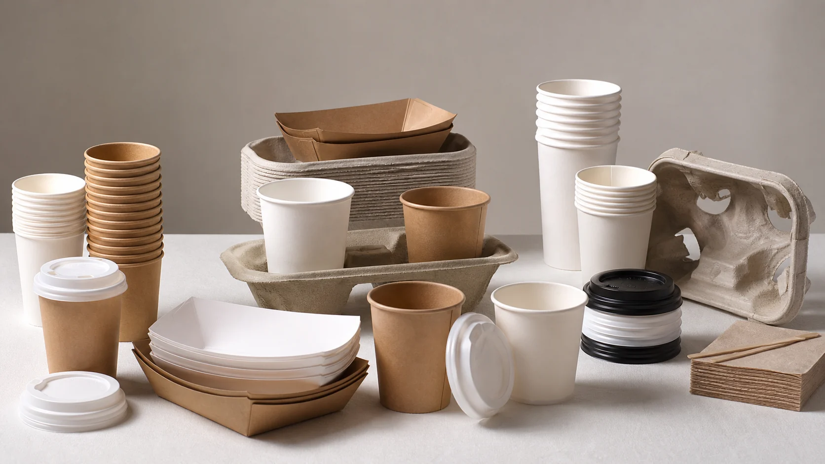 Empty unbranded cups lids and serving components on a neutral catering table