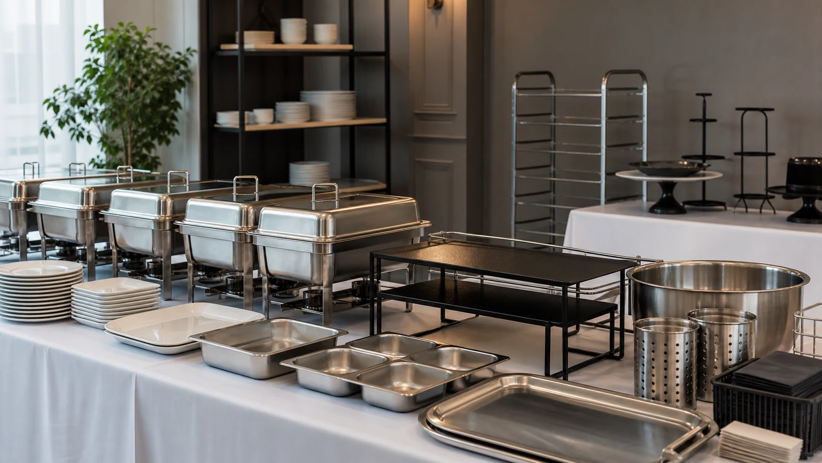 Empty unbranded catering containers and serviceware staged for event setup