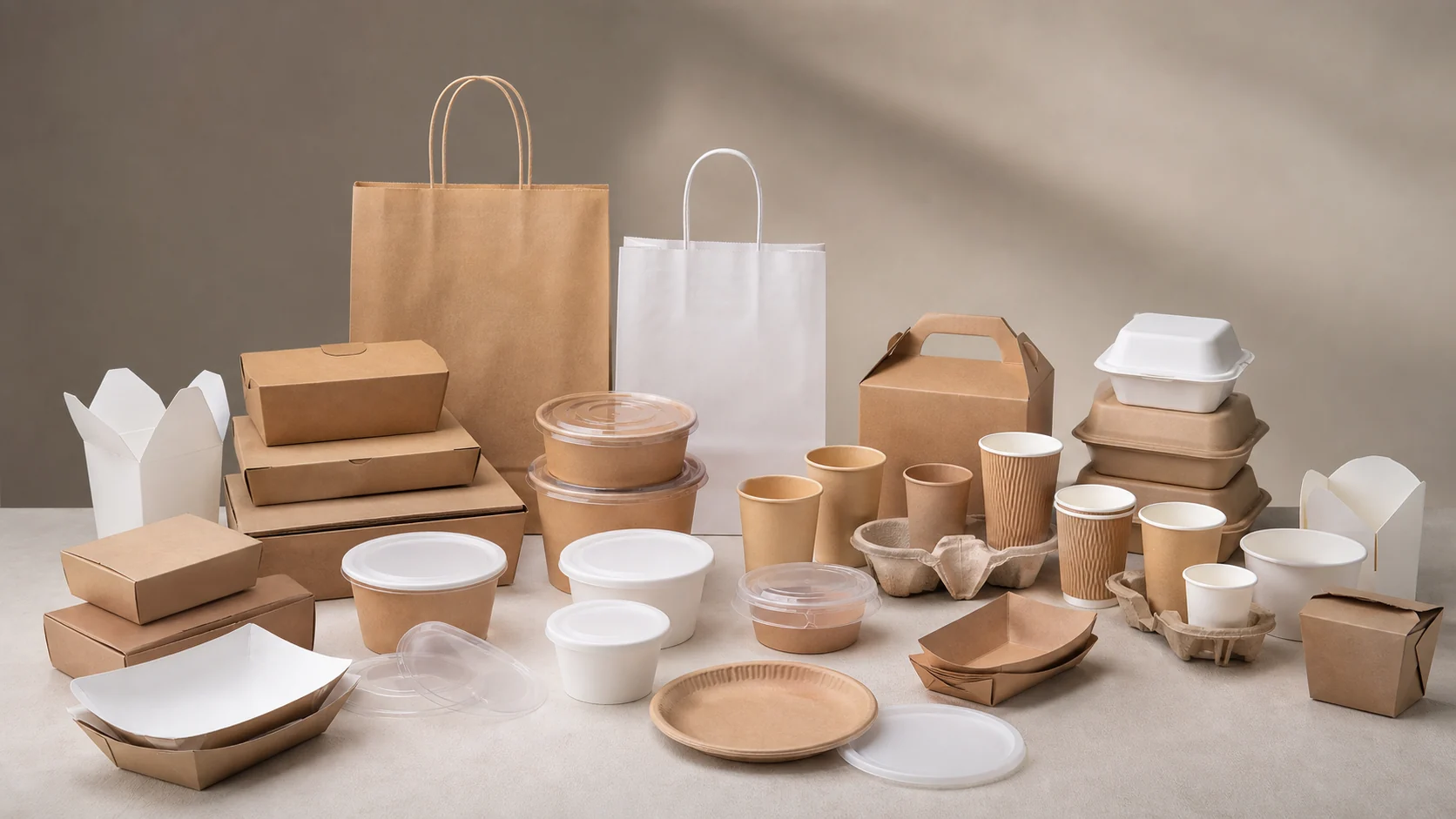 Empty unbranded catering packaging samples arranged for buyer review