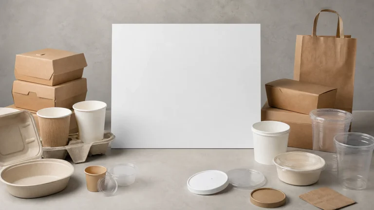 Unbranded restaurant packaging components arranged beside a blank standard-control board