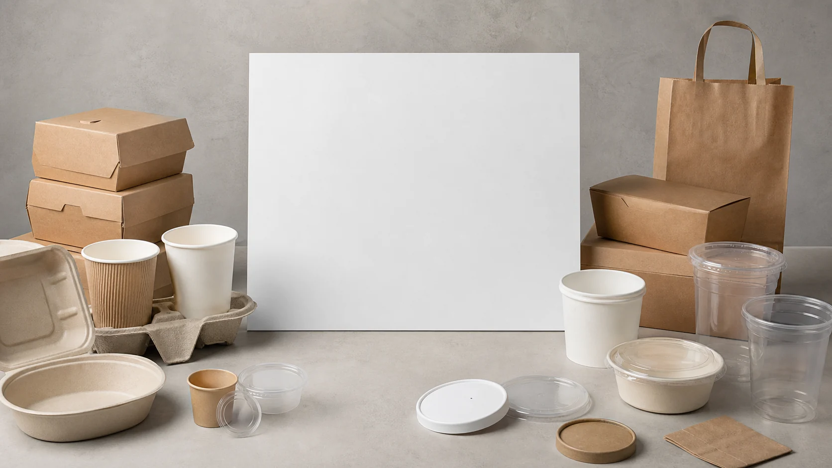 Unbranded restaurant packaging components arranged beside a blank standard-control board