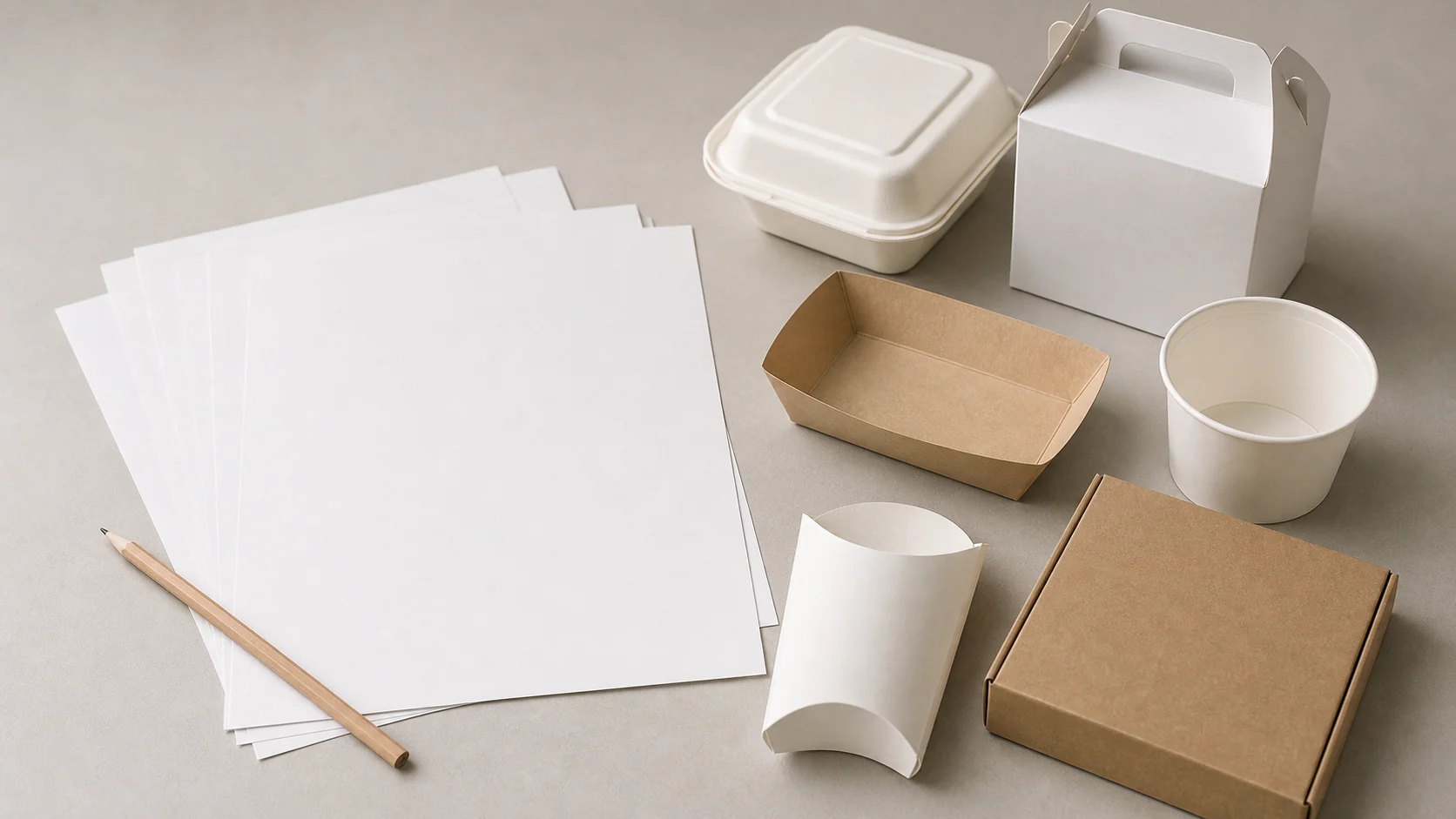 Blank proof sheets and unbranded food packaging components on an artwork-control desk