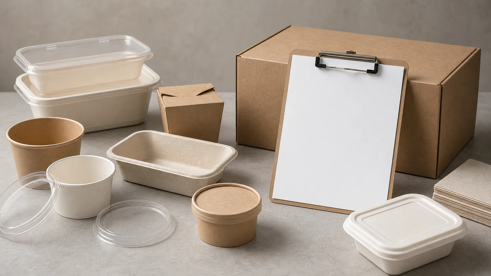 Empty unbranded packaging components beside a blank location-rollout clipboard