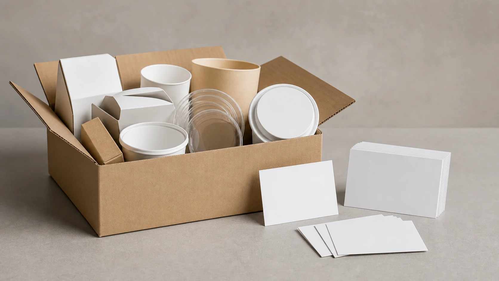 Open plain carton with unbranded food packaging and blank change-control cards