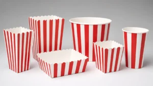 Empty unbranded paper popcorn containers in generic concession service formats