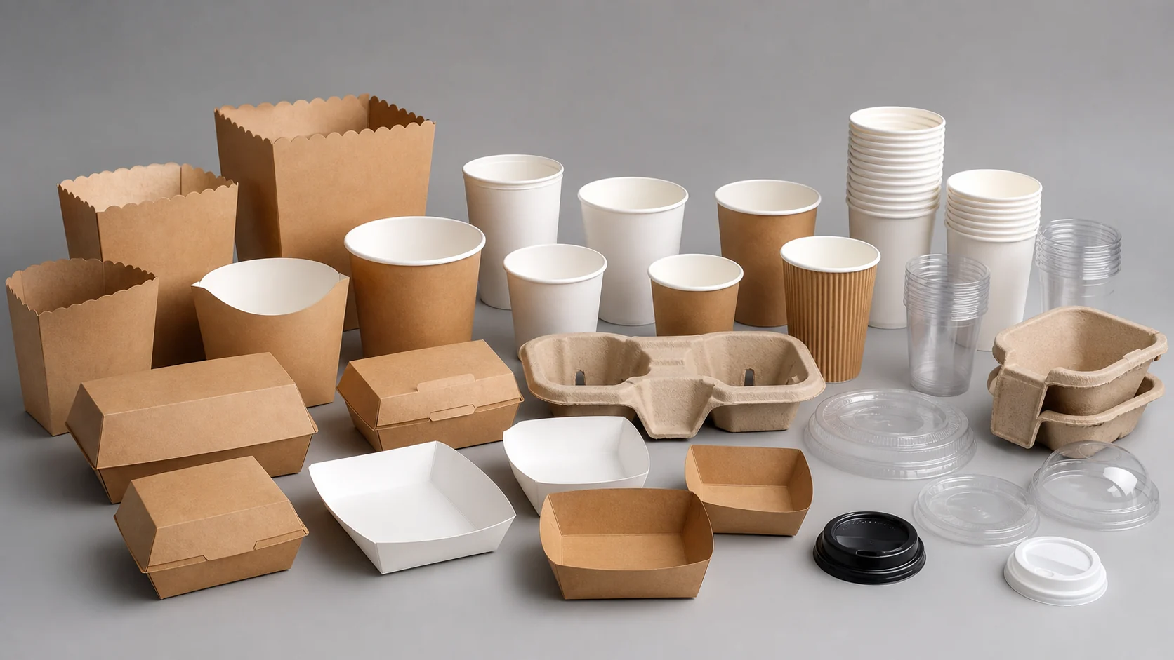 Empty unbranded concession containers and cardboard carriers organized for service review