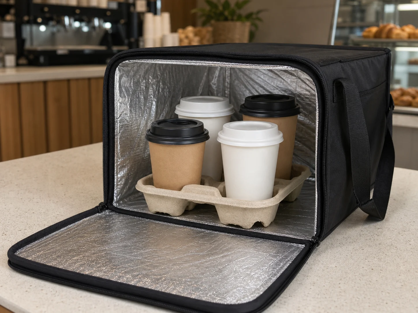 Lidded coffee cups tested in takeaway carrier for delivery handling validation