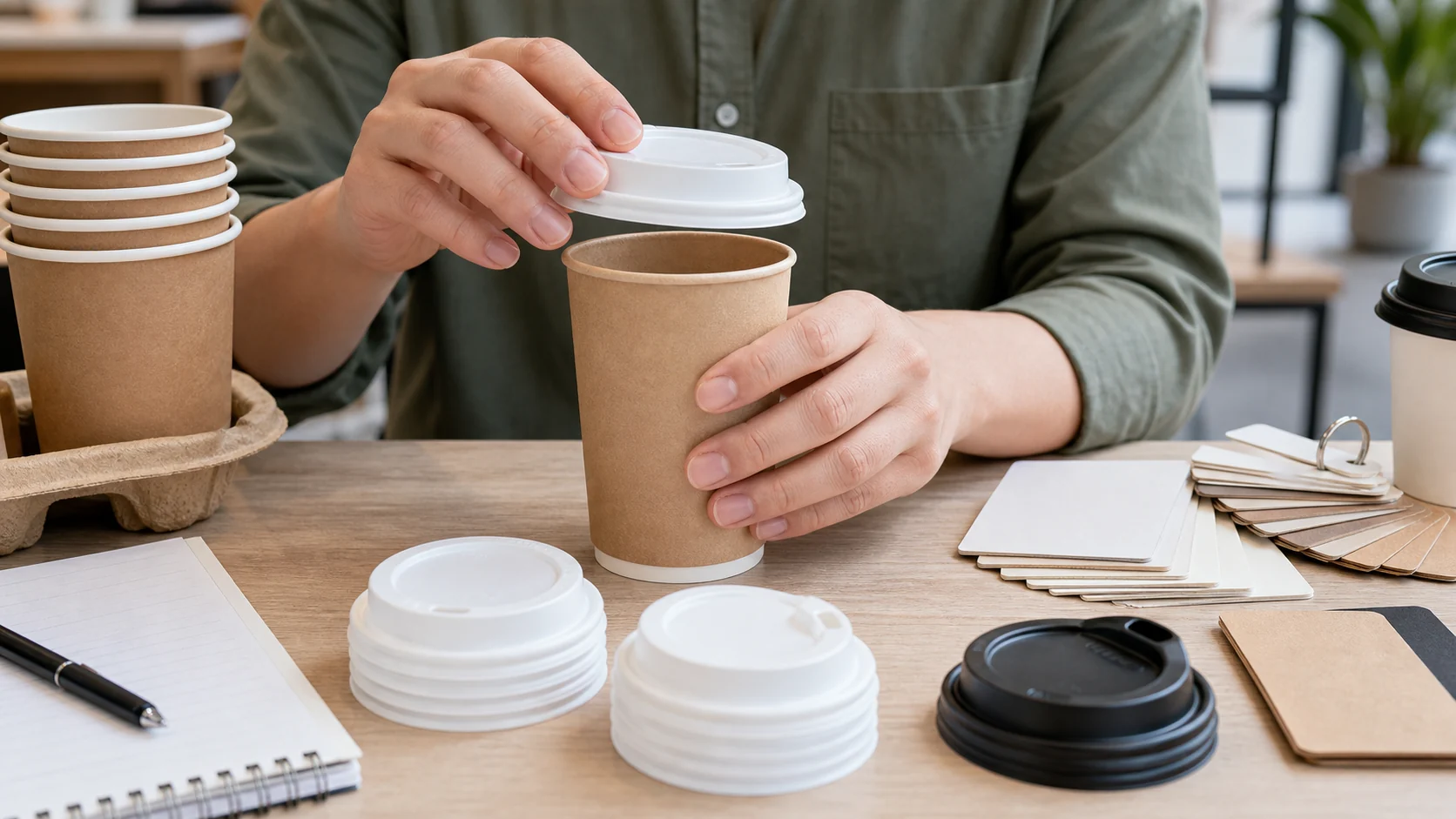 Foodservice buyer checking paper cup rim and coffee lid fit samples