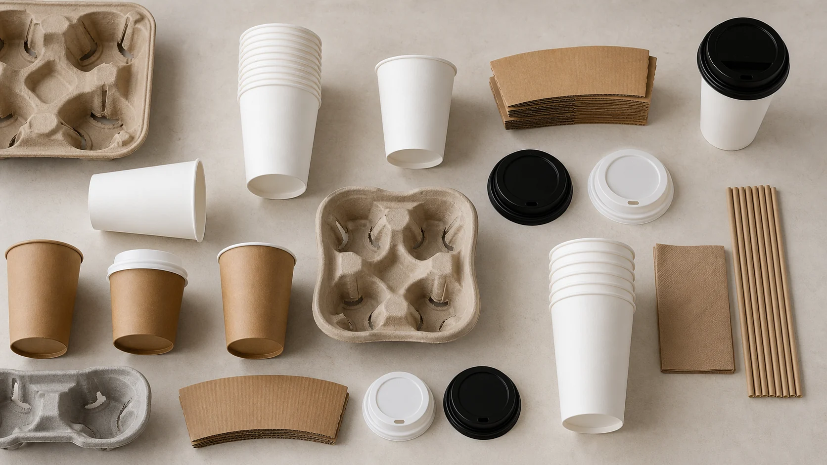 Empty unbranded coffee cup components arranged for material system review