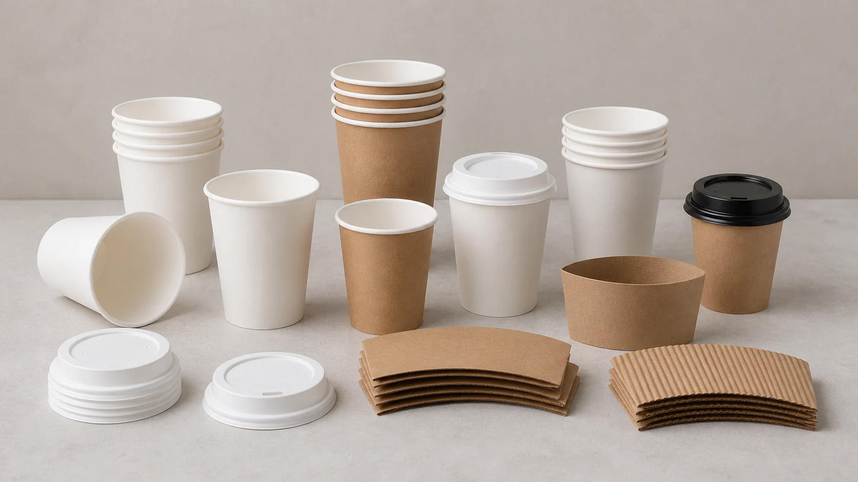 Empty unbranded paper cups lids and sleeves arranged for cup system review