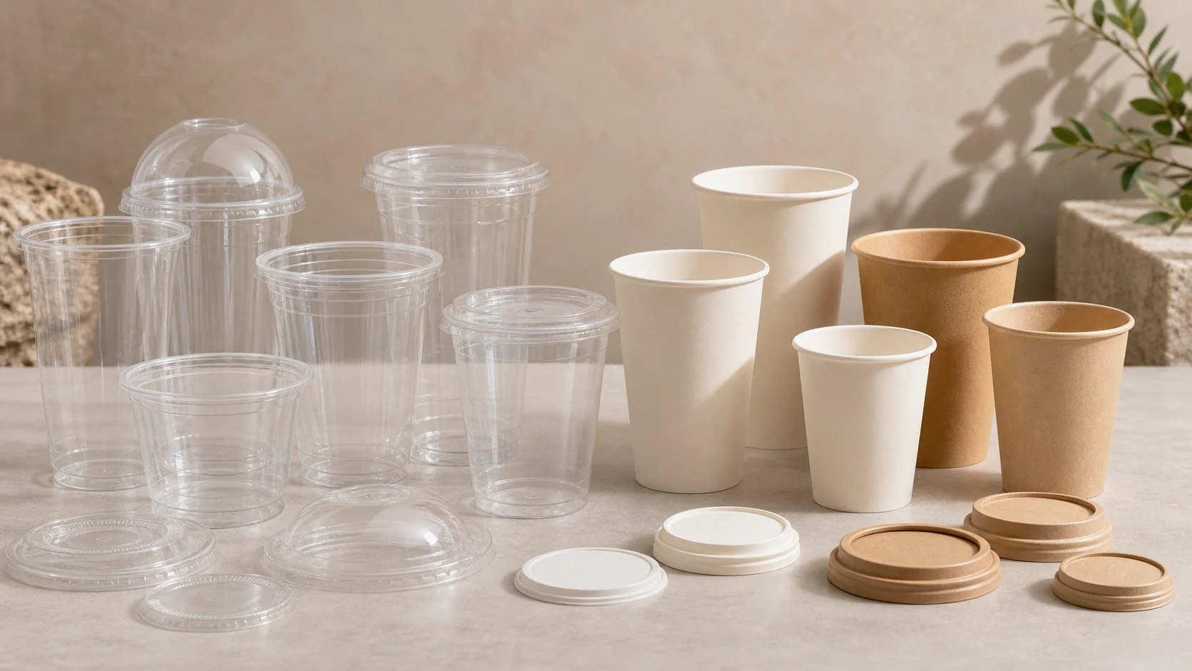 Empty unbranded clear cups plain lids and paper cups arranged for material comparison