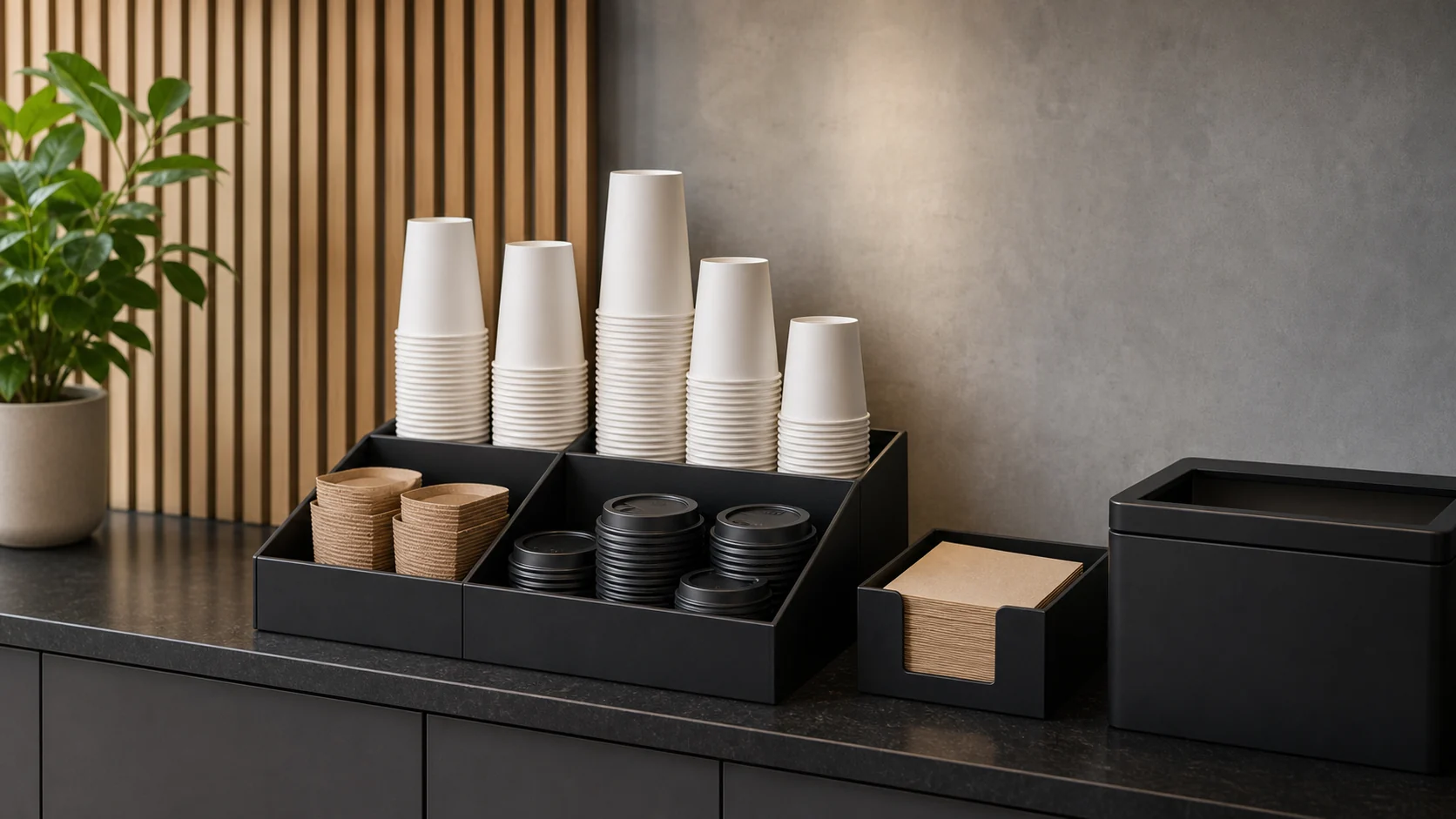 Empty unbranded cup stacks lids and sleeves staged in a clean coffee service area