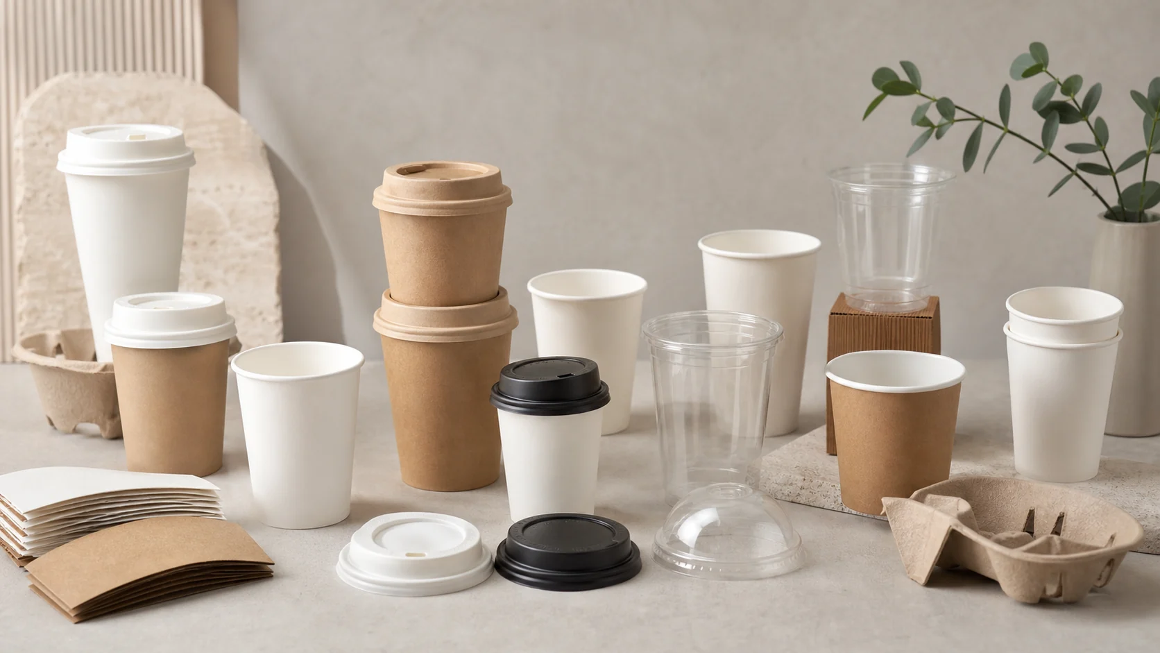 Empty unbranded coffee cup samples with cups lids and sleeves for buyer review