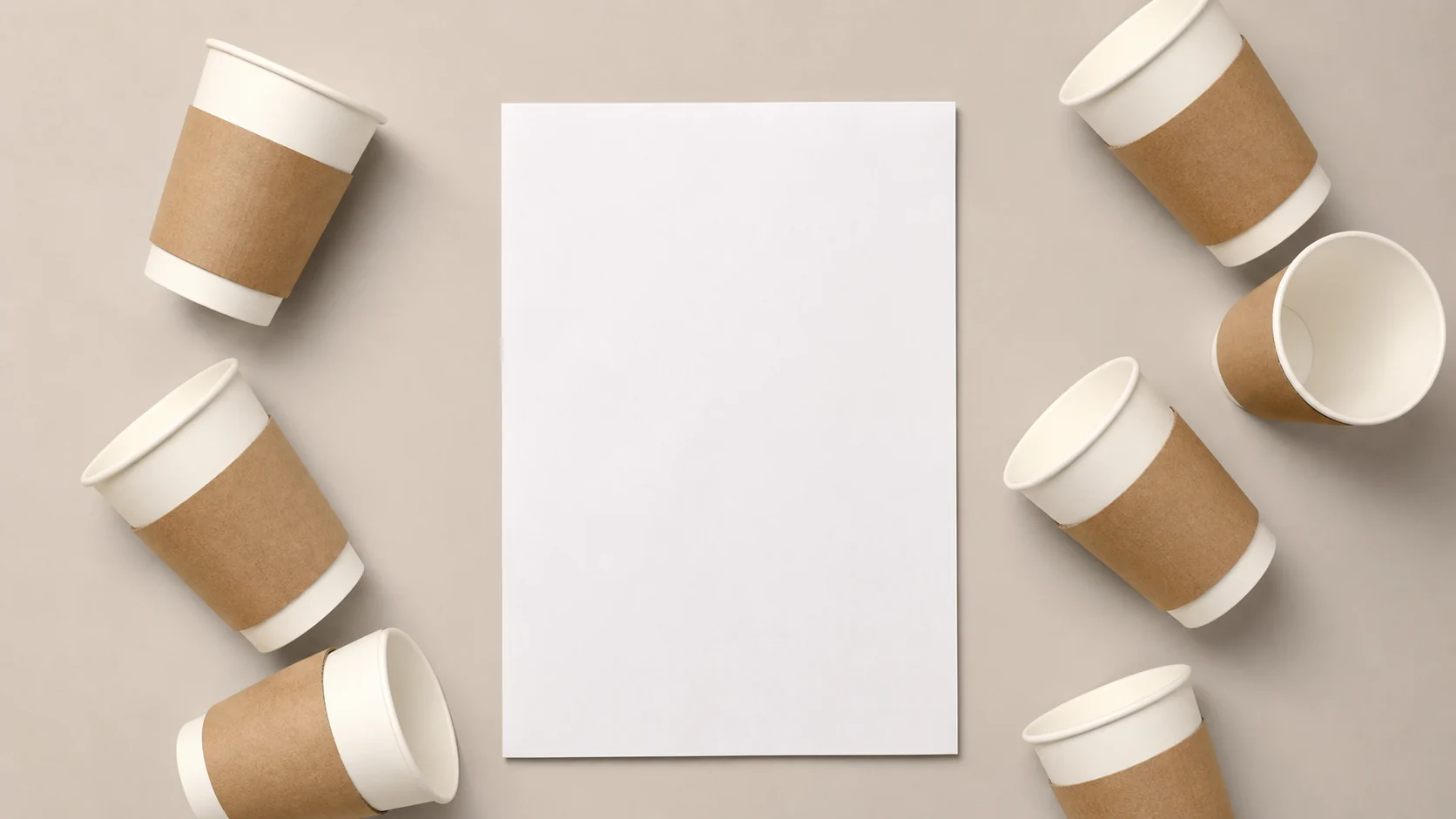 Paper cup sleeve samples beside a blank brief record sheet