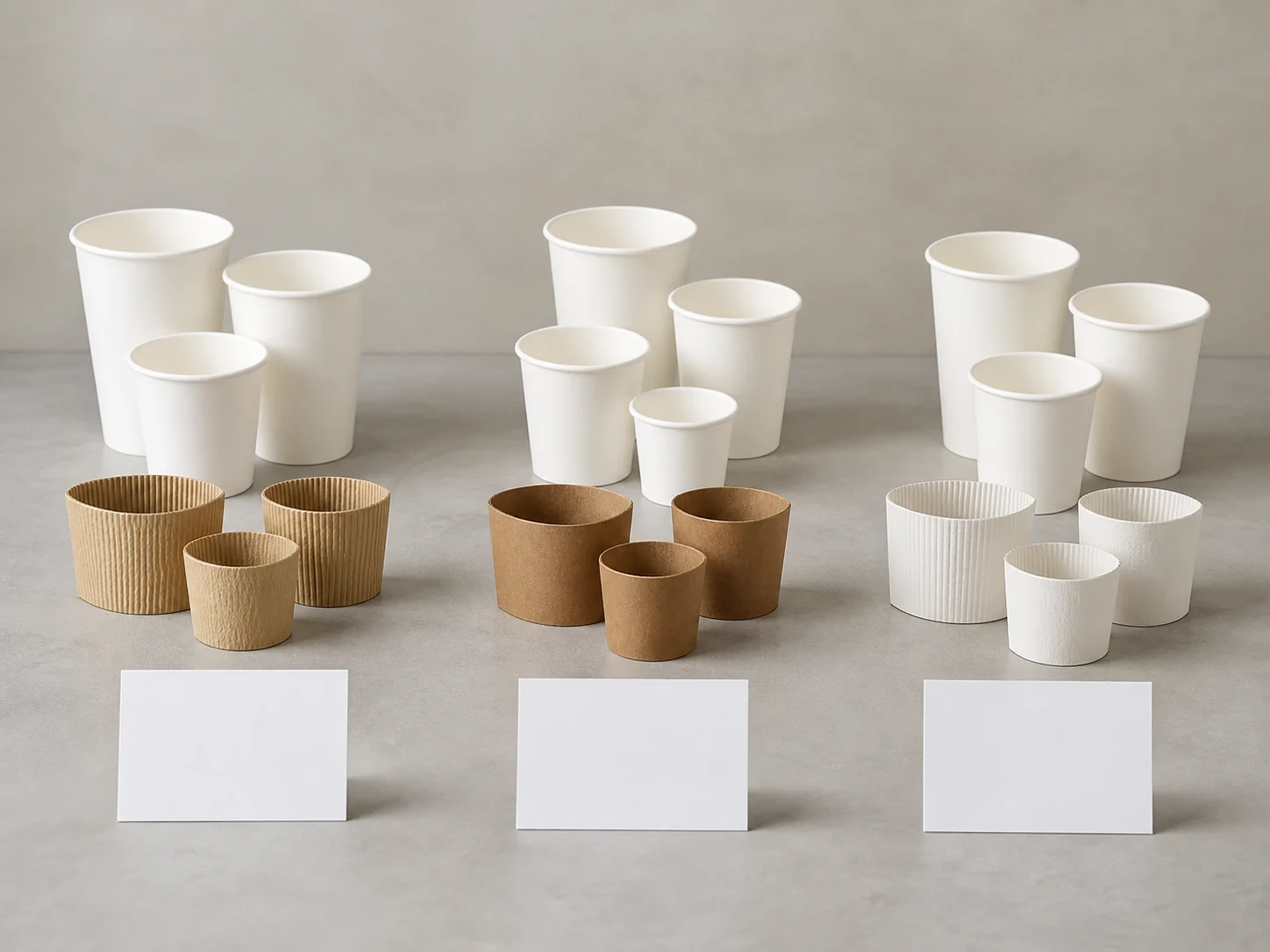Empty paper cup and sleeve sample groups with blank cards