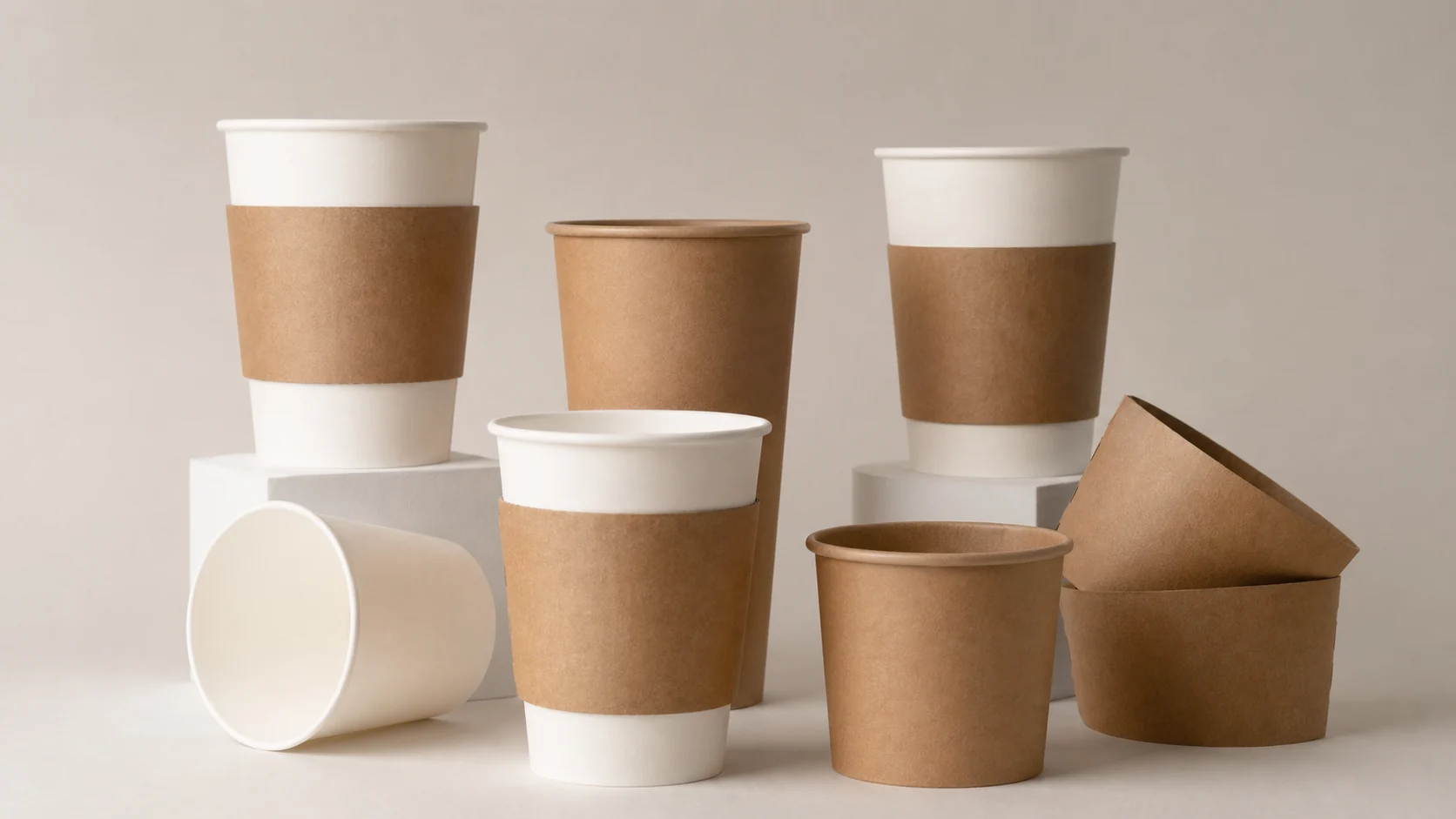 Empty unbranded paper cups with plain sleeve samples