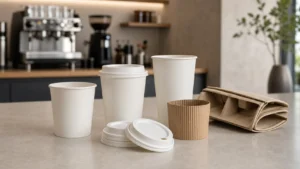 Empty unbranded takeaway coffee cup components arranged for a café operating review