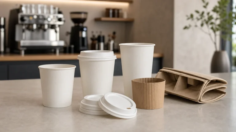 Componenti di bicchieri da caffè da asporto vuoti e senza marchio, disposti in vista di una verifica operativa del bar
