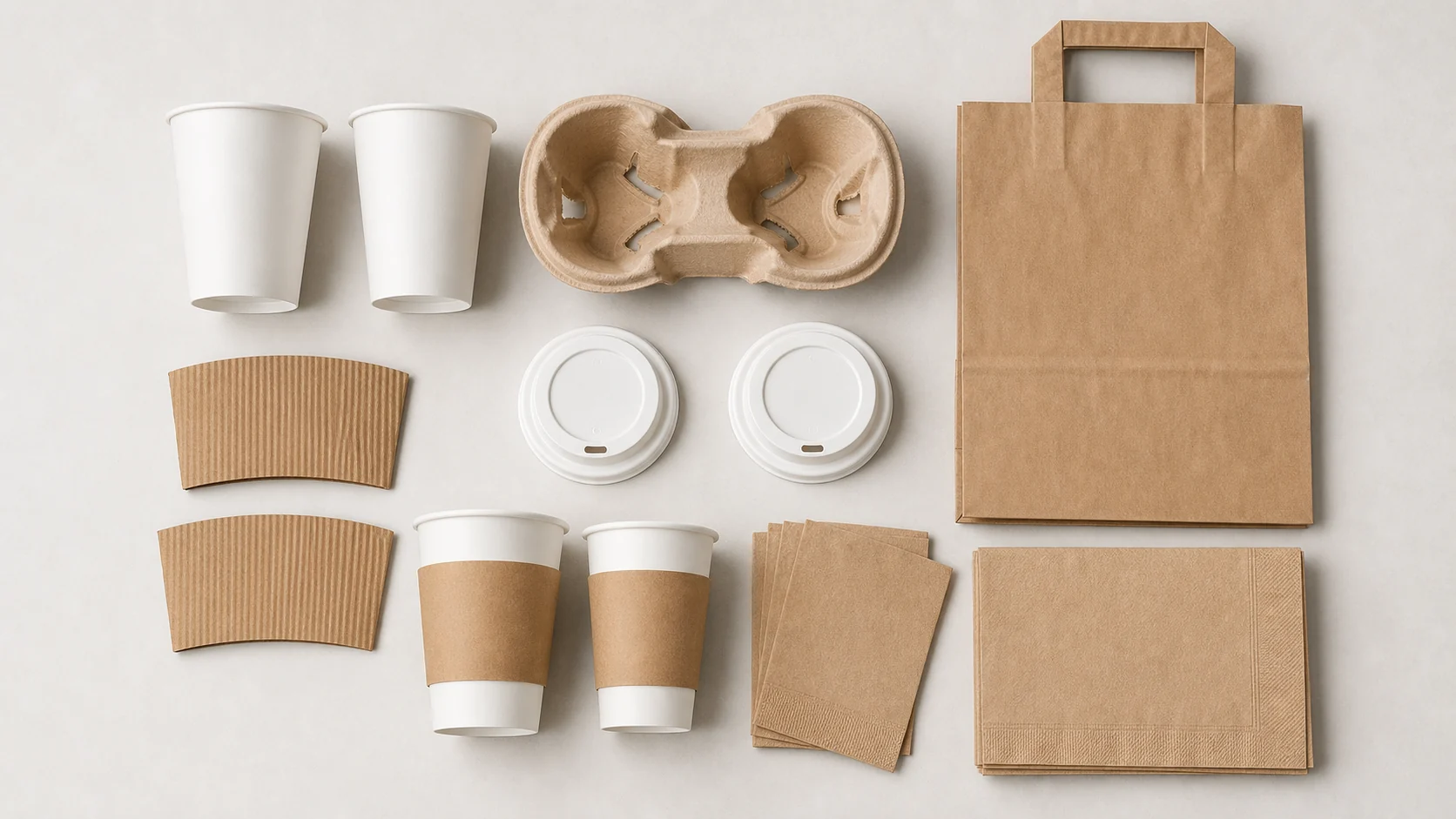 Vasos, tapas, fundas, portavasos, bolsas y servilletas vacíos y sin marca, dispuestos como un sistema de envases para una cafetería.