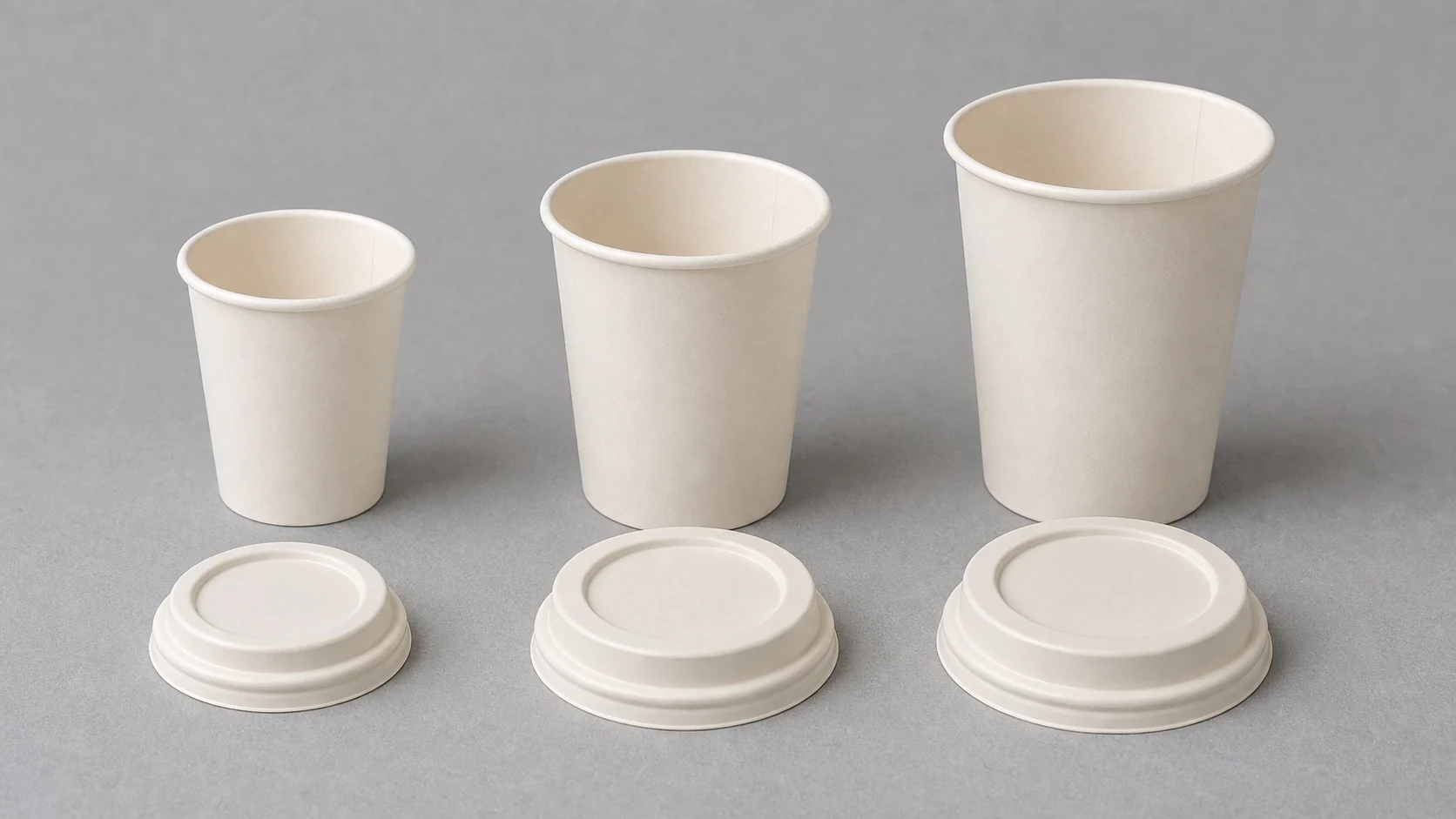 Vasos de papel vacíos sin marca con tapas sencillas, dispuestos para comprobar la compatibilidad de los bordes