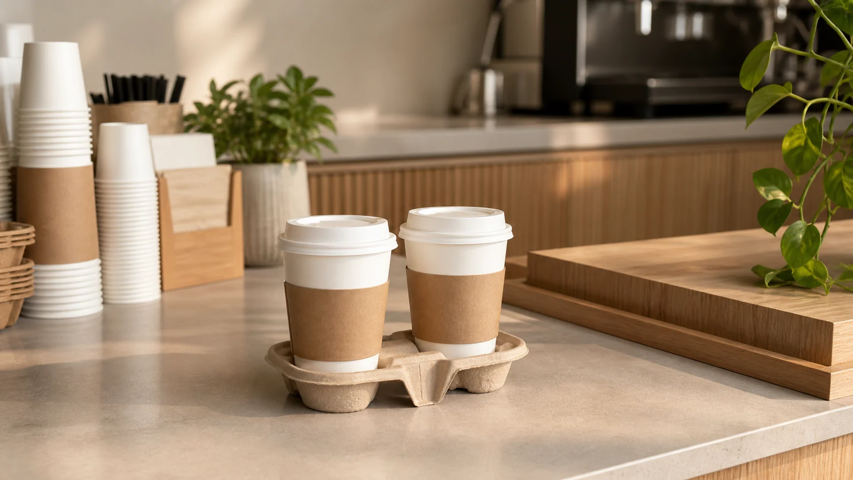 Vaso para llevar sin marca, vacío, con funda y asa, dispuesto para el proceso de entrega en una cafetería